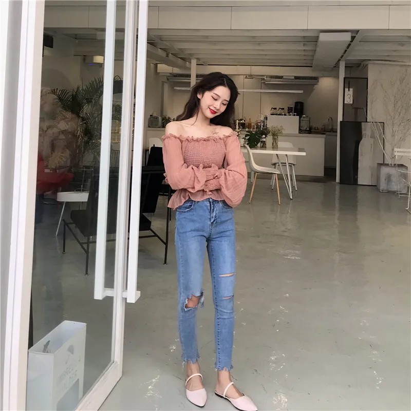 Shirts Women Slash Neck Lace Full Short Simple Elegant Ladies Korean Style Shirt Womens Slim Soft Chiffon Lantern Sleeve Shirt