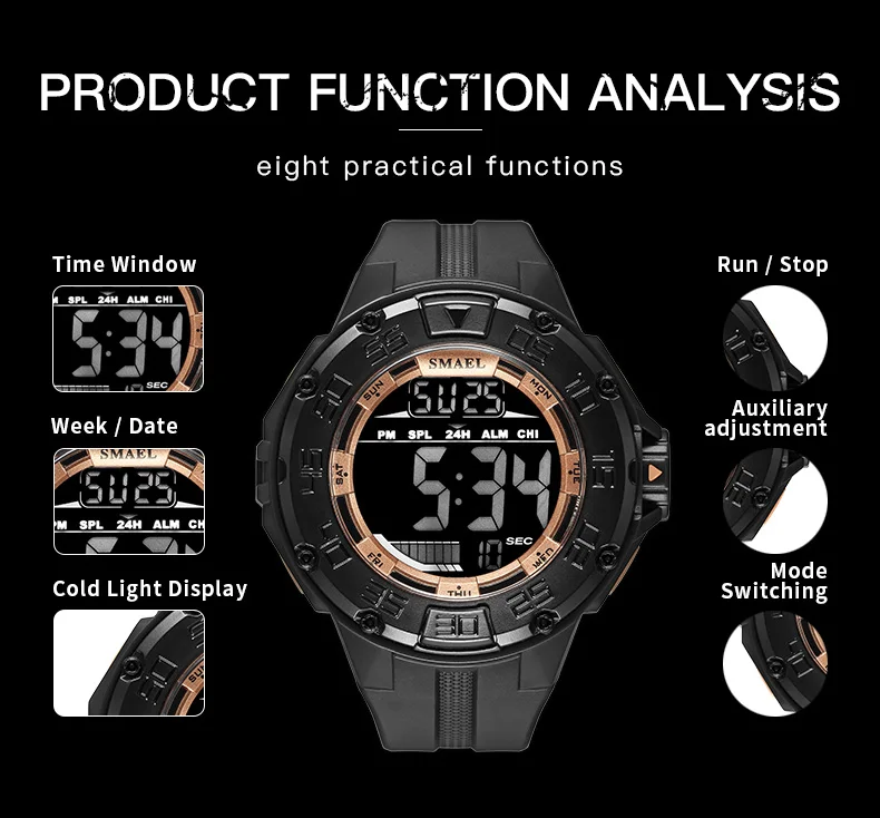 SMAEL мужские спортивные часы с цифровым календарем, Кварцевые водонепроницаемые противоударные электронные наручные часы reloj hombre, военные часы