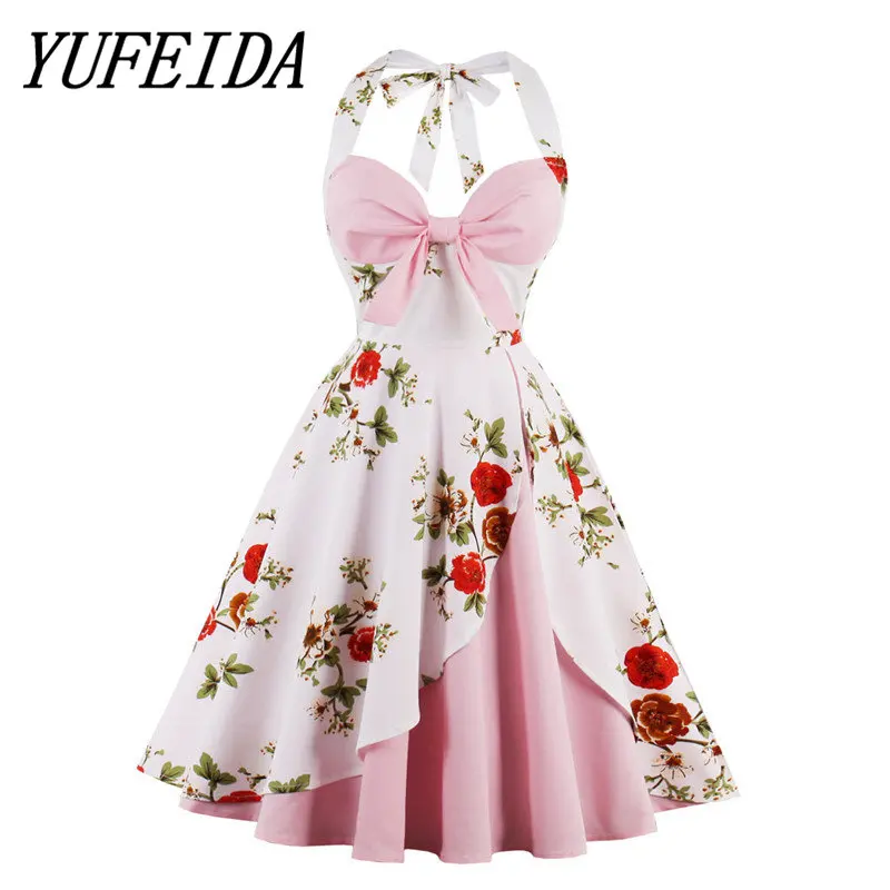 

YUFEIDA 2018 Summer Women Flowers Printing Retro Dresses Sleeveless Refreshing Retro Beauty Ball Gown Dresses Women Swing Dress