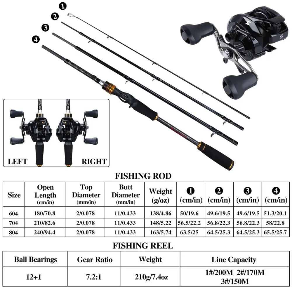 Sougayilang 1.8M 2.1M 2.4M Casting Fishing Rod Reel Combo 4 Sections Carbon Fiber Fishing Rod Baitcasting Reel Pesca Tackle