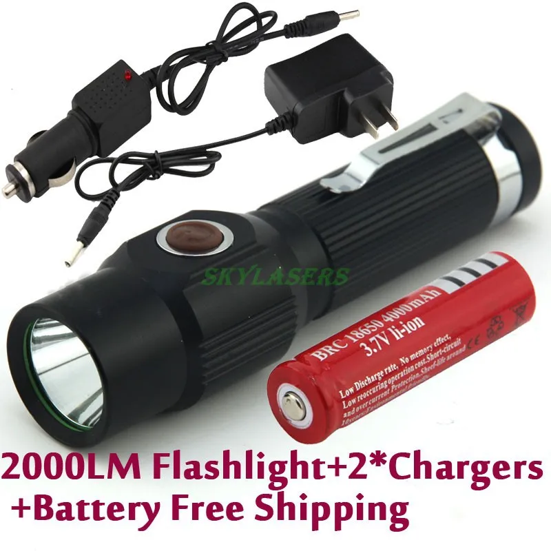 

2014 New Version 2000LM 3-Modes Mini LED Flashlight Torch With Clip + 18650 Rechargeable Battery + Car Charger + AC Charger