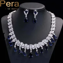 PERA CZ Роскошные африканский дизайн свадебные синего цвета ювелирные изделия из жемчуга большая люстра свадебные Висячие ожерелья и серьги комплект ювелирных изделий для невест J031