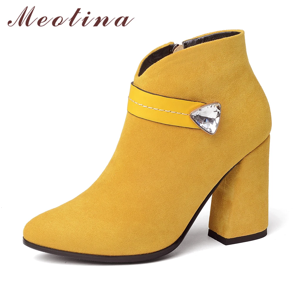 

Meotina Women Ankle Boots High Heels Pointed Toe Autumn Shoes 2018 Rhinestone Thick Heels Winter Boots Yellow Big Size 34-43 New
