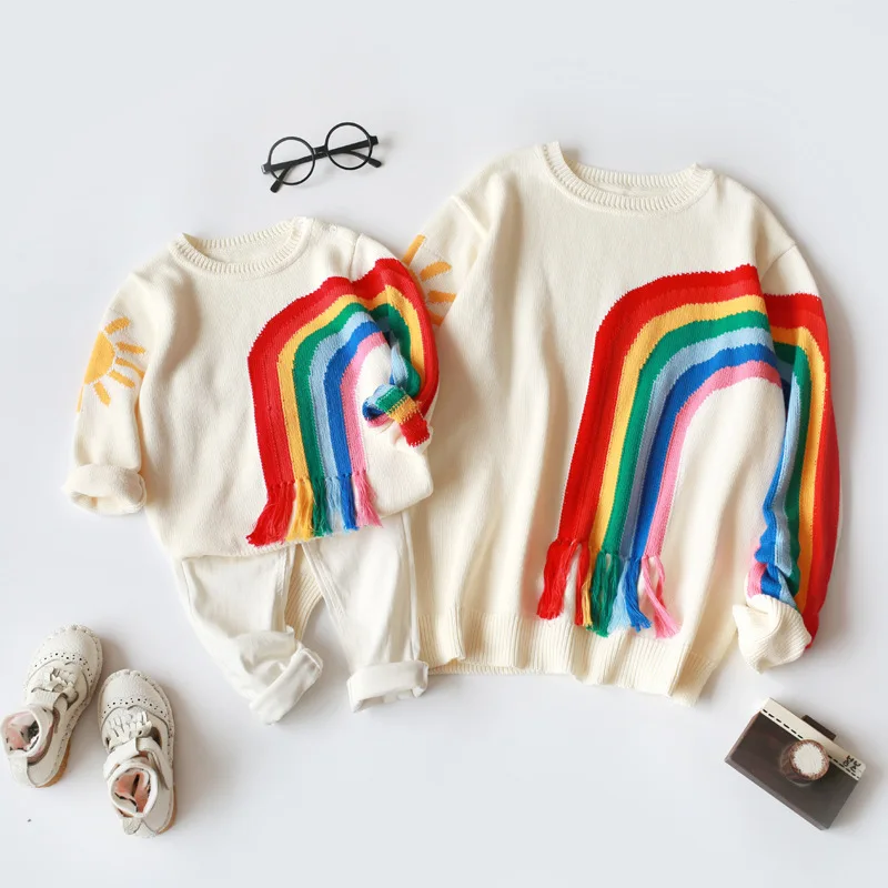 Family Matching Clothing Spring Winter Mother Daughter Son Clothes Rainbow Sweater Costume Sun Cloud Pattern Wool Knitting