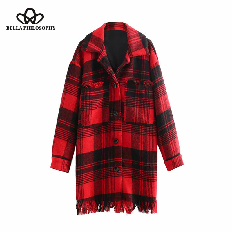 Wonder 2018 new autumn Vintage Plaid Fringe Tweed Overshirt Coat Lapel Collar Long Sleeve Tassel Outerwear Casual Casaco Femme