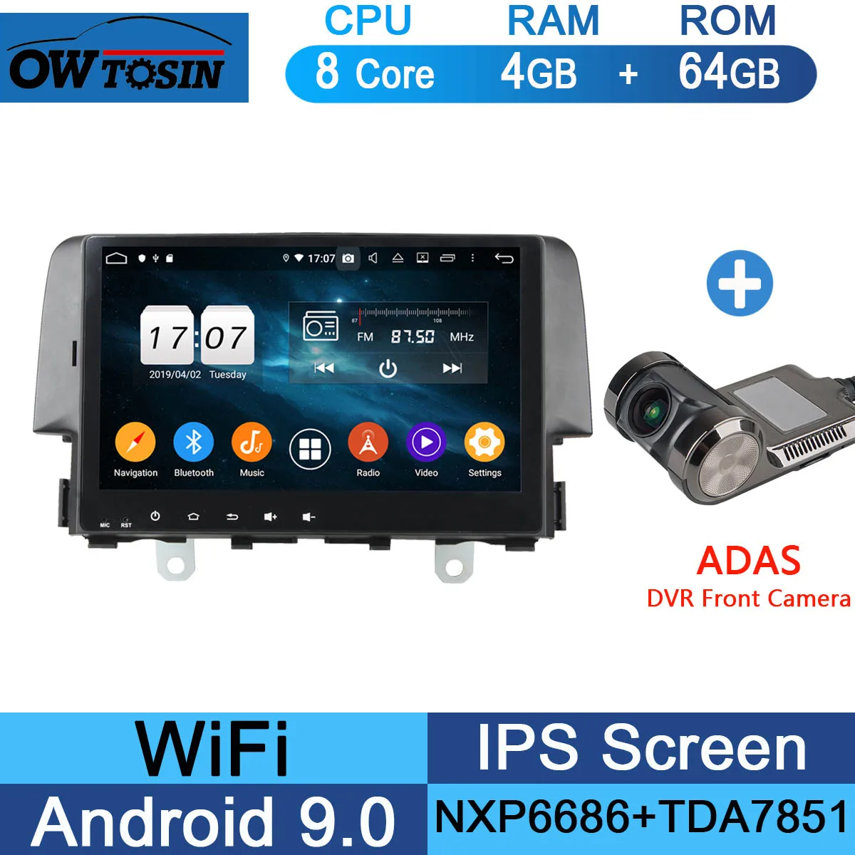 " ips 8 Core 4G+ 64G Android 9,0 автомобильный DVD мультимедийный плеер для Honda Civic GPS Радио Стерео CarPlay Parrot BT - Цвет: 64G Adas Camera