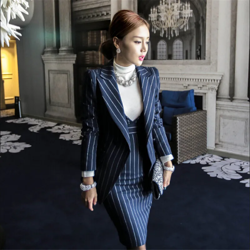 

Women Slim Blazer Jacket And Dress Set Bussiness Formal Striped Autumn Spring Women Suits 2 Pieces Set For Office Lady M91423