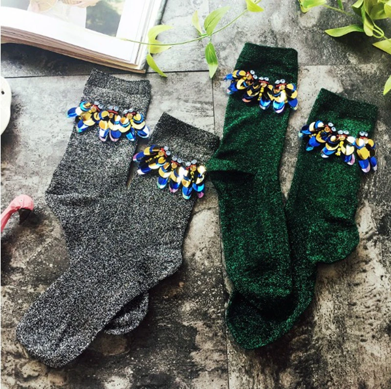 gtglad 2018 New Arrived Korean Style Fashion Glitter Socks Women Spring Winter Sequins gem Candy Color Hand-made Socks