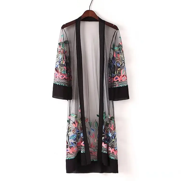 

2017 summer new embroidery cardigan yarn long sleeves in the long paragraph loose sunscreen shirt female
