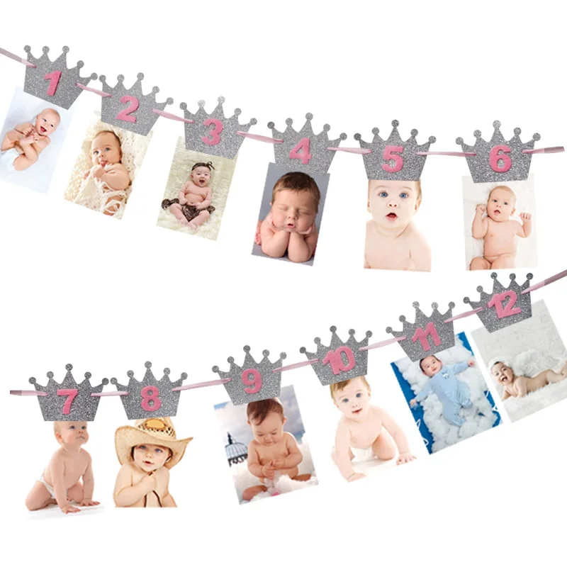 12 месяцы фоторамка баннер первый День рождения украшения 1st Baby Shower для мальчиков и девочек мой один год вечерние поставки; Цвет: розовый, золотистый; синий