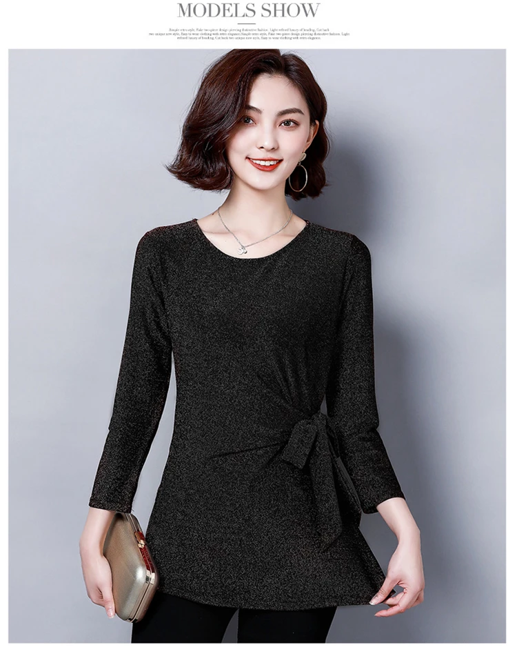Женские топы и блузки, Корейская блуза с длинным рукавом, блестящая рубашка с люрексом и бантом, тонкая рубашка размера плюс, женские рубашки - Цвет: Черный