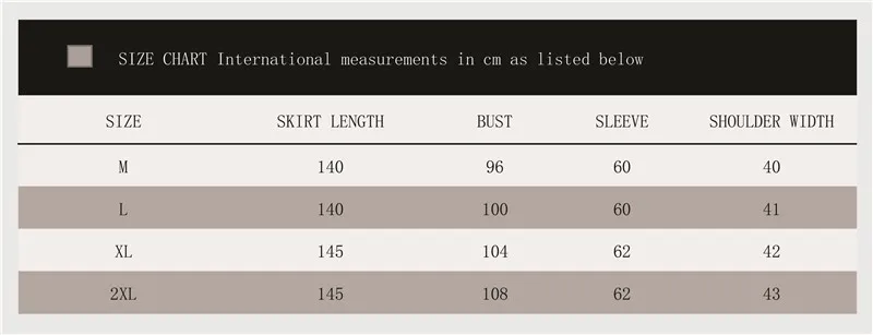 Muslim Arab Women Size Chart