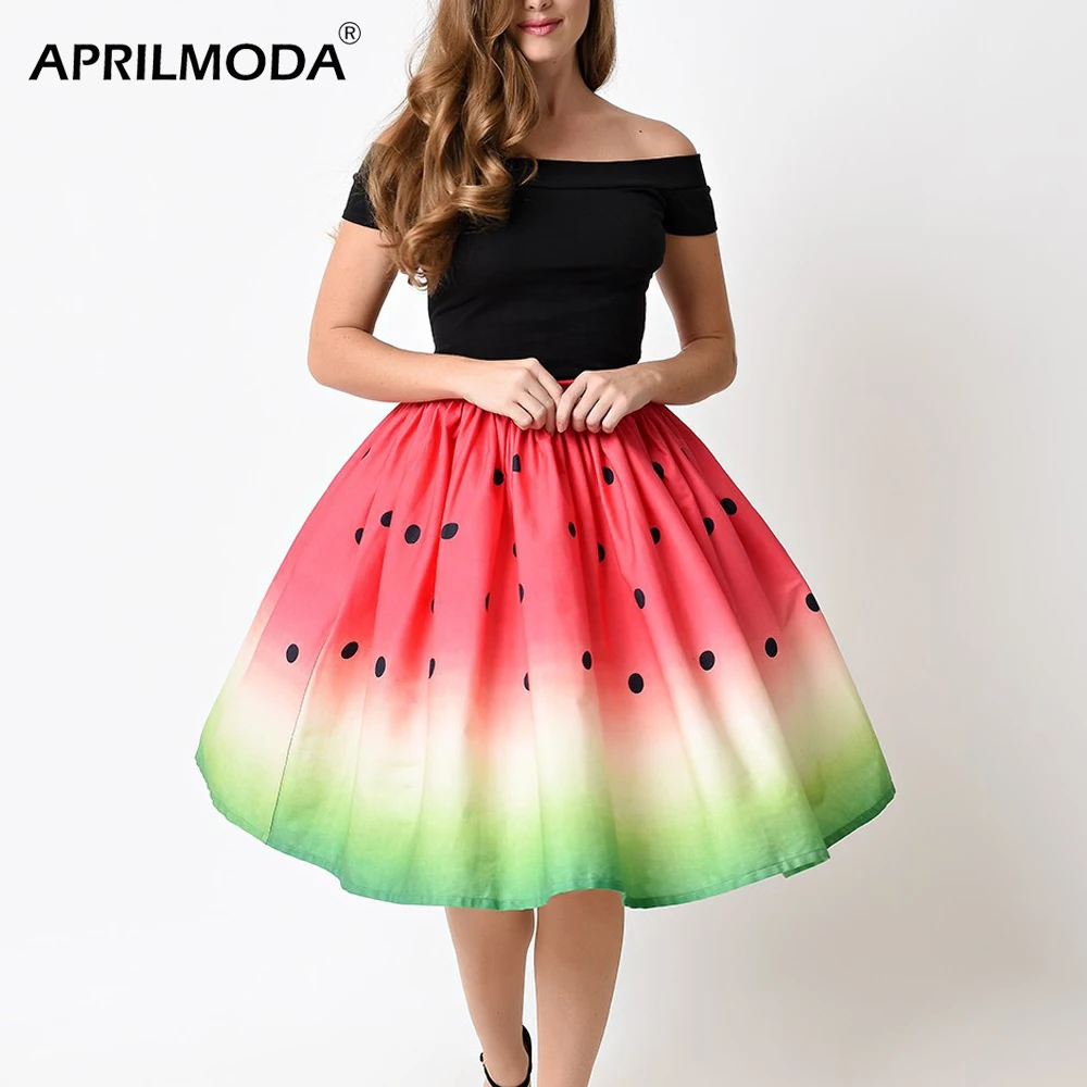 

Women Summer 50s 60s Vintage Skirts Retro Lady Fruit Floral Printed High Waist Pleated Midi Skirt Stretch Saia Longa Plissada