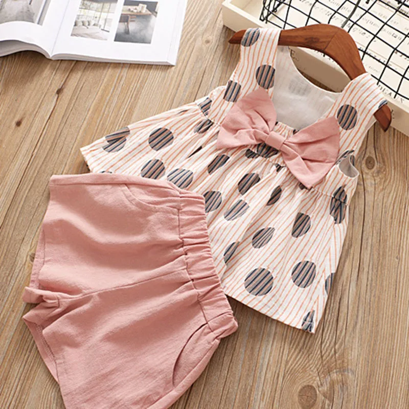summer kids girls clothing sets sleeveless dot tops with big bow+shorts 2019 kid clothes toddler outfits children pink yellow