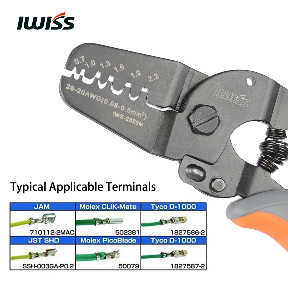 IWISS открытый баррель обжимные плоскогубцы инструменты для обжима 28-20AWG 0,08-мм2 JAM, Molex, Tyco, JST терминалы