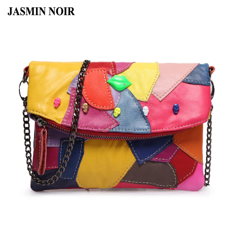  2016 new real Women Messenger bag genuine leather clutch bag Chain stitching Panelled Patchwork ladies Lip skull crossbody bag 