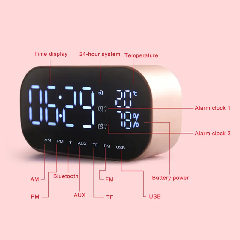 

Bluetooth Wireless Speaker Temperature LCD Display FM Radio Alarm Clock Subwoofer Music Player H99F