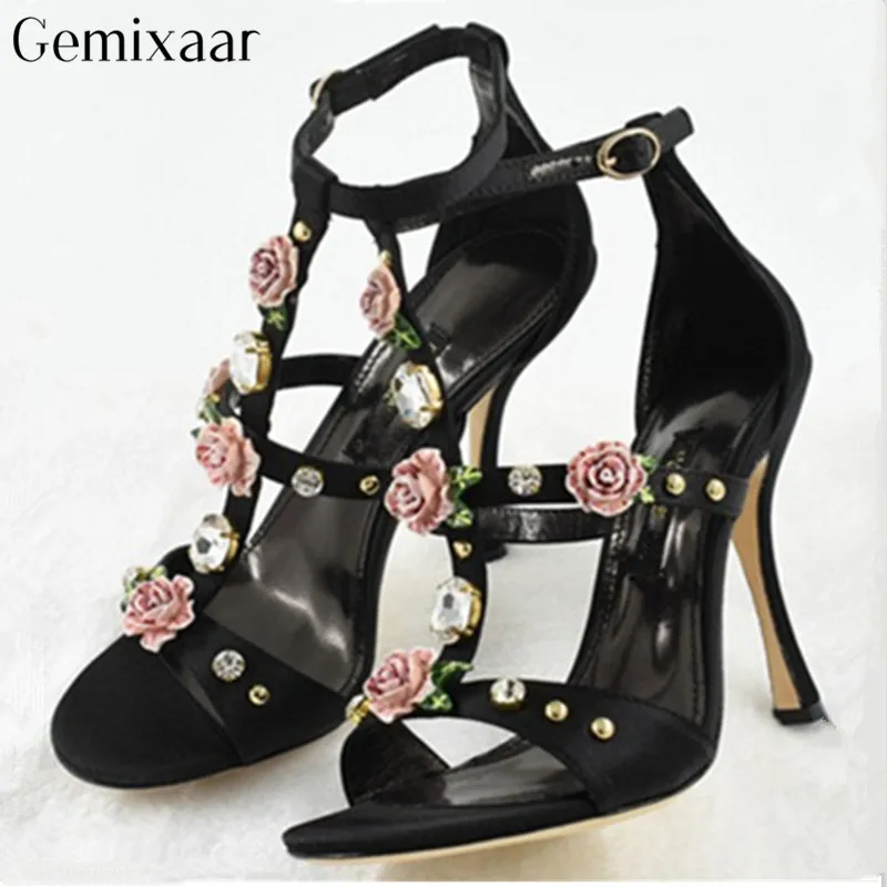 

Sweet Pink Flower Narrow T-shape Ankle Buckle Women Shoes Round Toe Cover Back Sandalia Black Pink Satin Thin High Sandals Woman