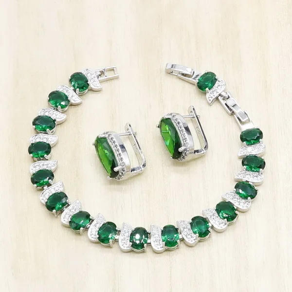 Geometric Green Crystal Necklace Earrings Bracelet 925 Sterling Silver Jewelry Sets for Women Party Wedding Bridal Jewelry - Окраска металла: Bracelet Earrings