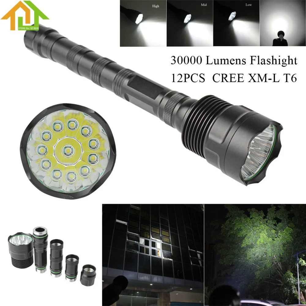 

30000LM 5 Modes XM-L LED 12x T6 Backpacking / Fishing Super Flashlight Torch Lamp Light