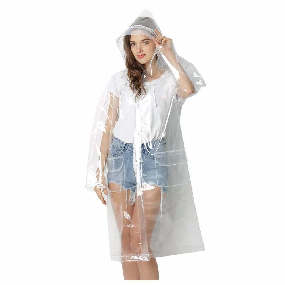Super Transparent Raincoat for Women Fashion EVA Waterproof Rain Poncho Coat Reusable with Drawstring Hood Freesmily