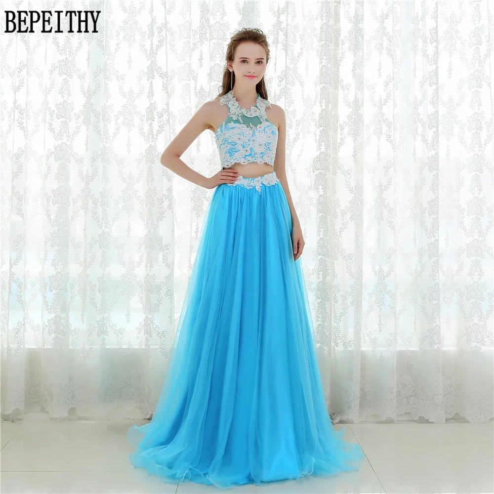 9   BEPEITHY New Design 2017 Long Two Pieces Prom Dresses Vestido De Festa Longo Lace Light Blue Tulle Prom Evening Party Dresses (3)