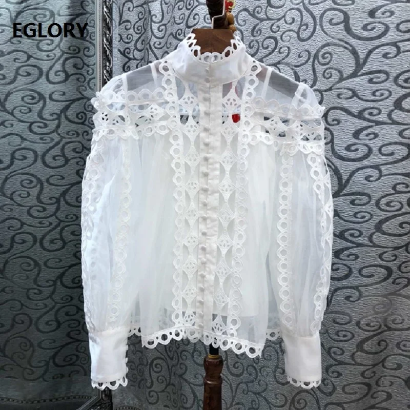 

High Quality White Shirt 2019 Spring Summer Fashion Blouse Women Stand Neck Hollow Out Embroidery Tunic Button Shirt Blusas