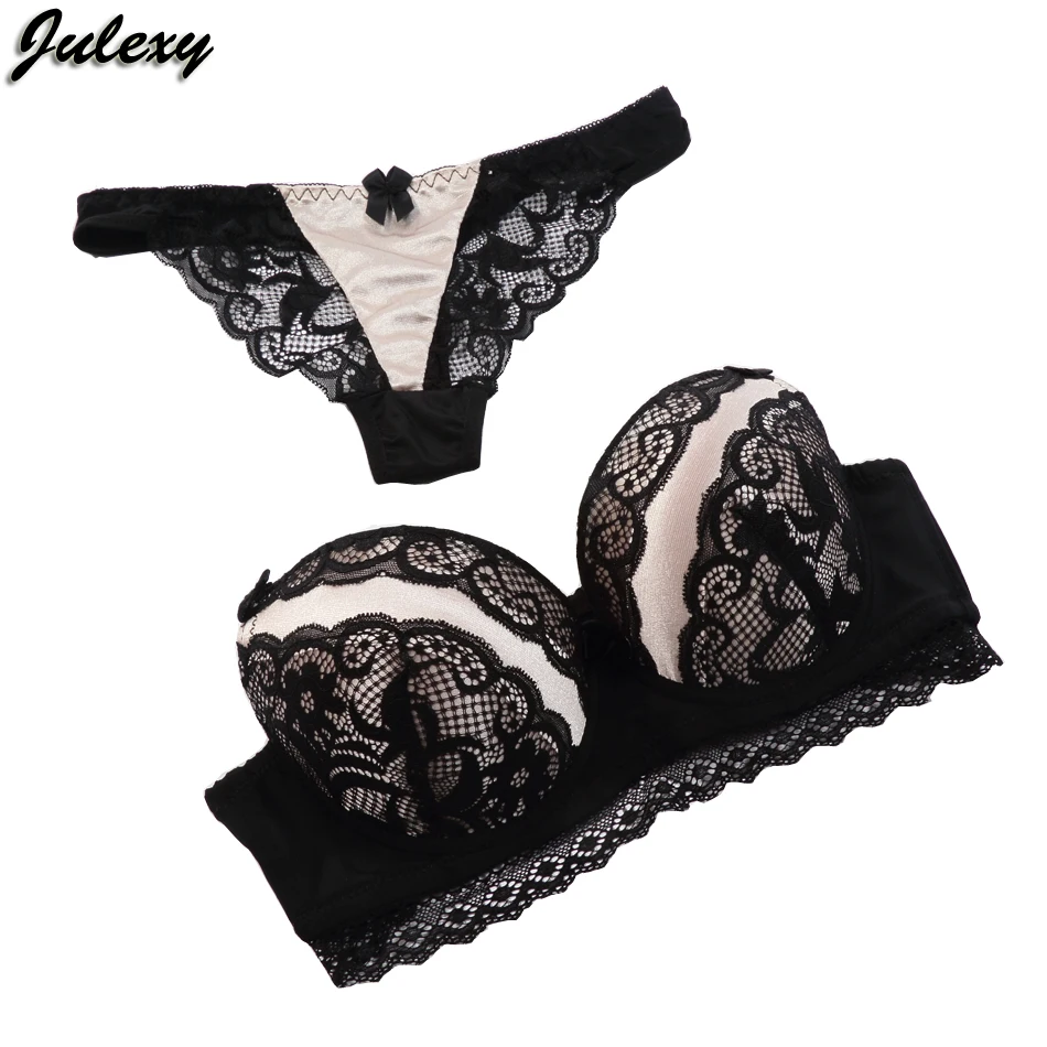 

Julexy New Arrivals Sexy Hollow Out Thongs Bra Brief Sets ABC Lace Embroidery Push Up Women Bra set G String Underwear Panty Set