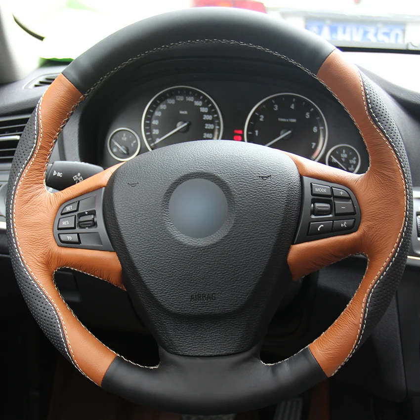 

Hand sewing custom Brown Leather Black Leather Car Steering Wheel Cover for BMW F25 X3 2011-2017 F15 X5 2014