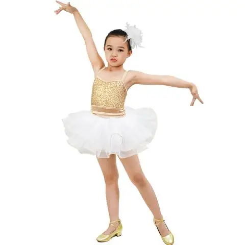Танцевальный Костюм миди Золотые/белые шины танцевальное платье костюм с Блестками одежда для выступлений для девочек