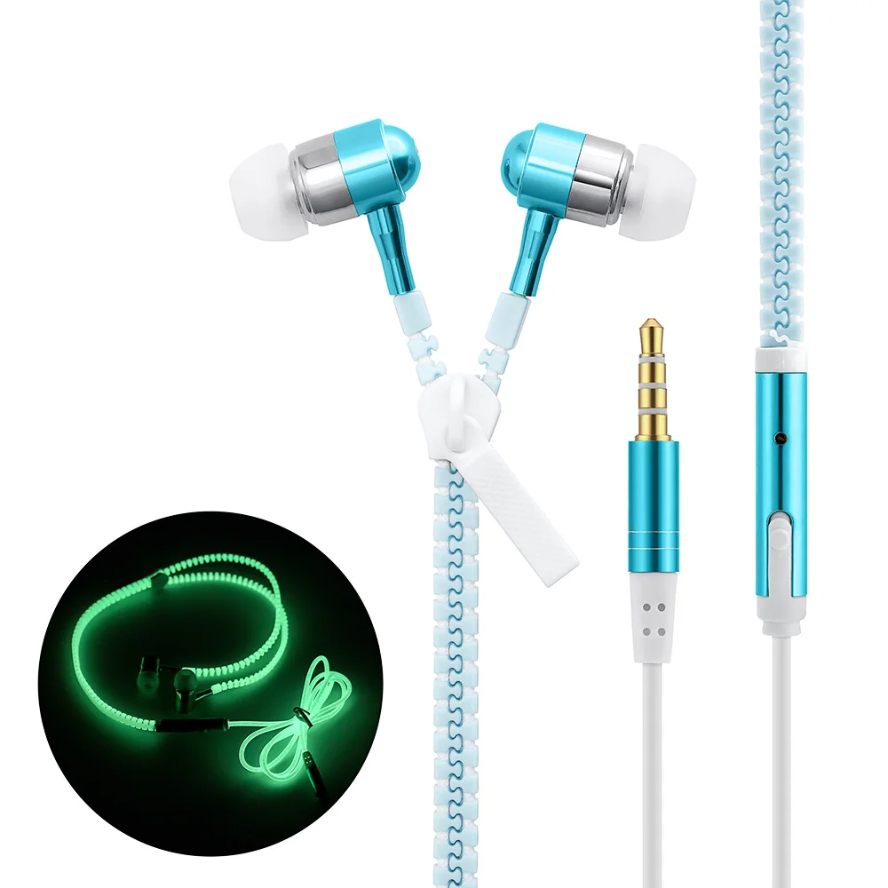 

New Hot 6 Color Glow In-Ear Luminous Light Metal Zipper Earphone Glow In The Dark Headset for Iphone Samsung Auriculares