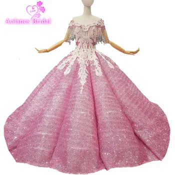 

2018 New Pink Lace Appliques Sleeveless Strapless Bride Dress Floor-length Ball Gown Off The Shoulder Vintage Wedding Dresses