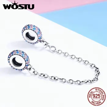 

WOSTU 925 Sterling Silver Pink And Blue CZ Zirconia Stone Safety Chain Fit For Charm Bracelet Fine Jewelry Valentine Gift BKC379