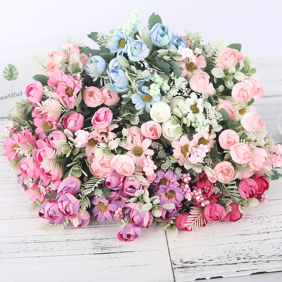 

12 headsRose Artificial Silk Flower High Quality Bouquet Fake Flowers Daisy Bud Decoration for Wedding Home Accessories mexican