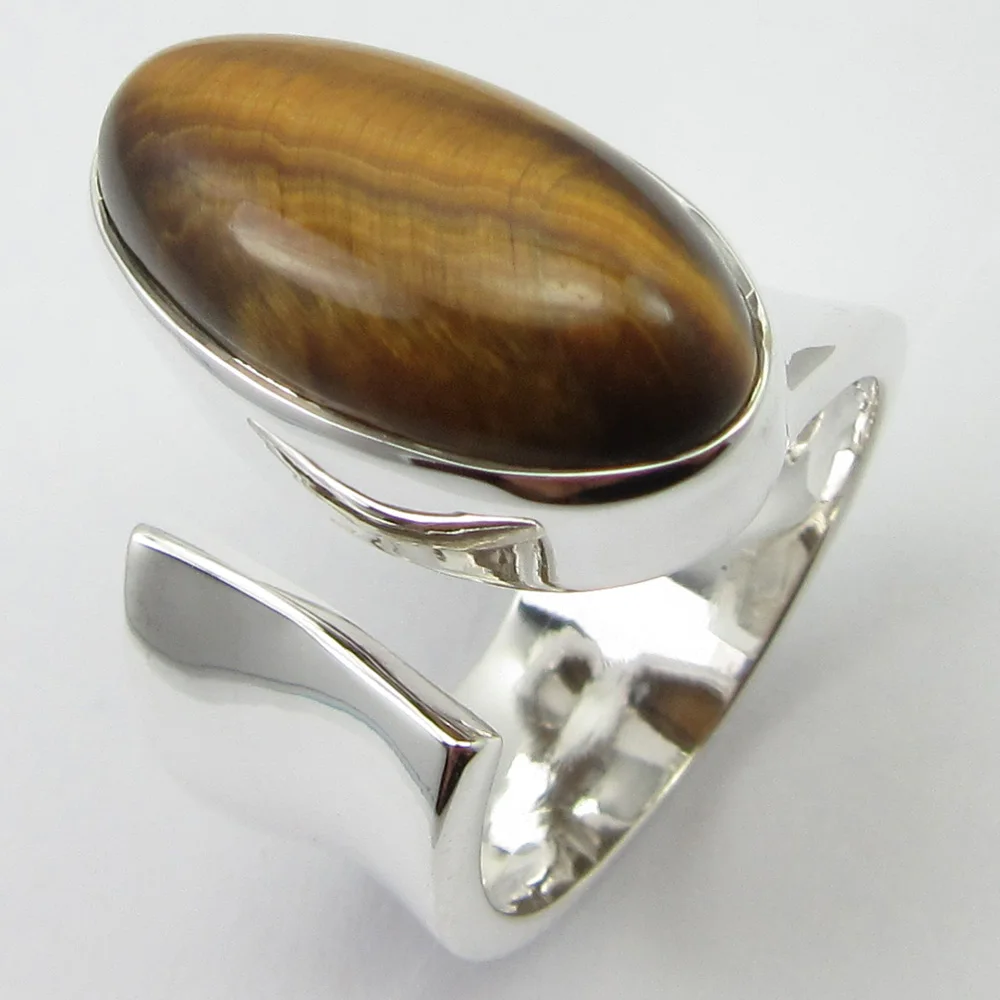 

Solid Silver Natural Yellow & Brown Tiger's Eye Finger Ring Size 7 Unique Designed