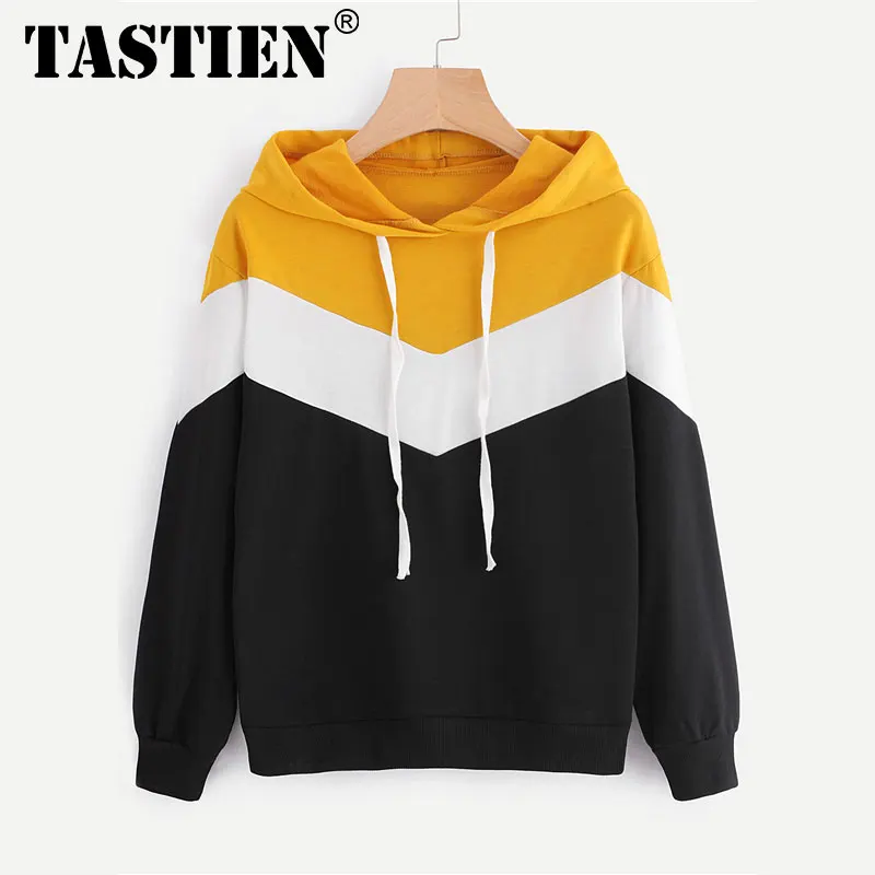 

TASTIEN Hooded Cut And Sew Multicolor Colorblock Chevron Sweatshirt Spring Autumn Ladies Long Sleeve Women Casual Hoodie