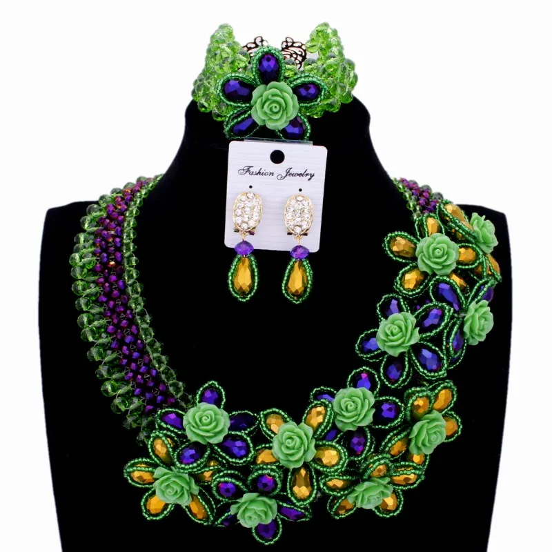 

4UJewelry Imitation Jewellery Set Green Purple Flowers Gold Antique African Beads Jewelry Set Women Wedding Bracelet Pendant Set