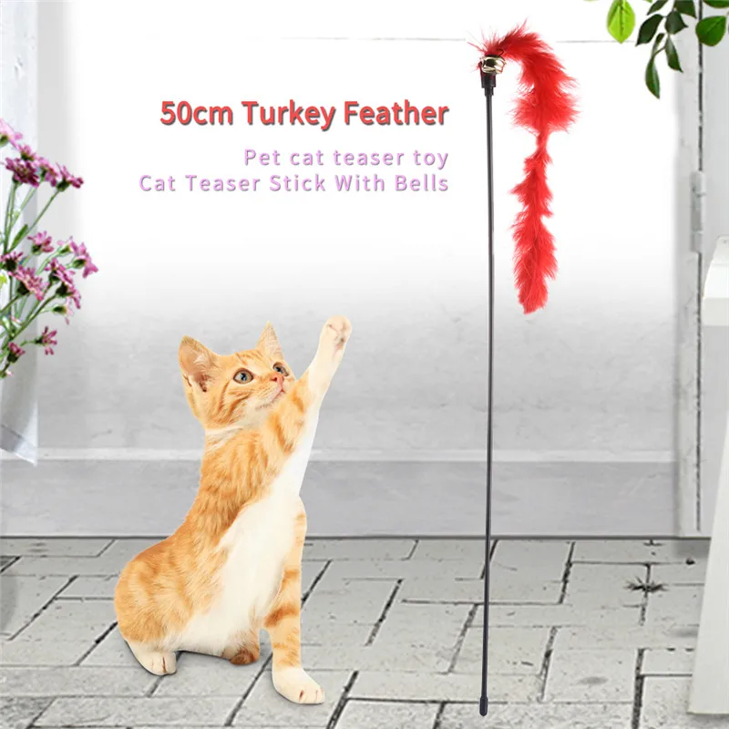 50cm Turkey Feather Cats Teaser Stick With Bells Pet Cat Teaser Toy