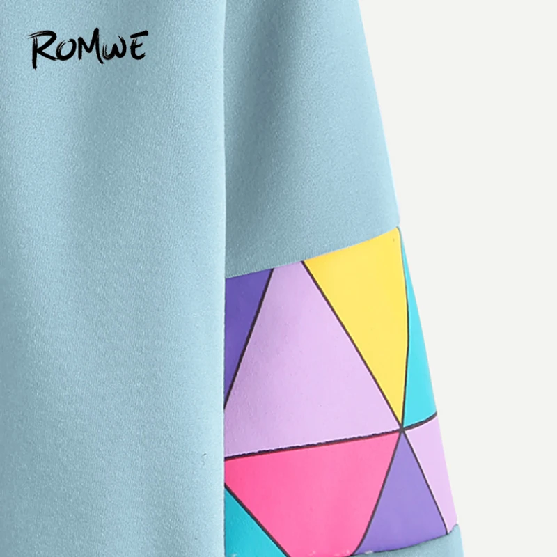 ROMWE бледно-голубой лоскутный принт с буквенным геометрическим принтом Толстовка Женская Весенняя Осенняя повседневная одежда Женский пуловер с круглым вырезом