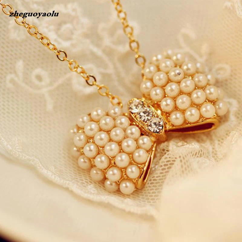 

New Fashion Small Fresh Bow Pearl Necklace Crystal Gold Chain Long Sweater Chain Clavicle Chain Necklace Women Collares Bijoux