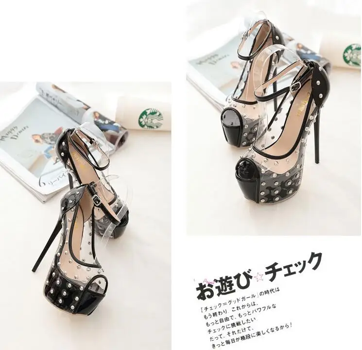 DijiGirls new Fashion Transparent Sexy Rivet 16 Open Toe High Heels pvc clear crystal transparent ultra very high heel shoes box