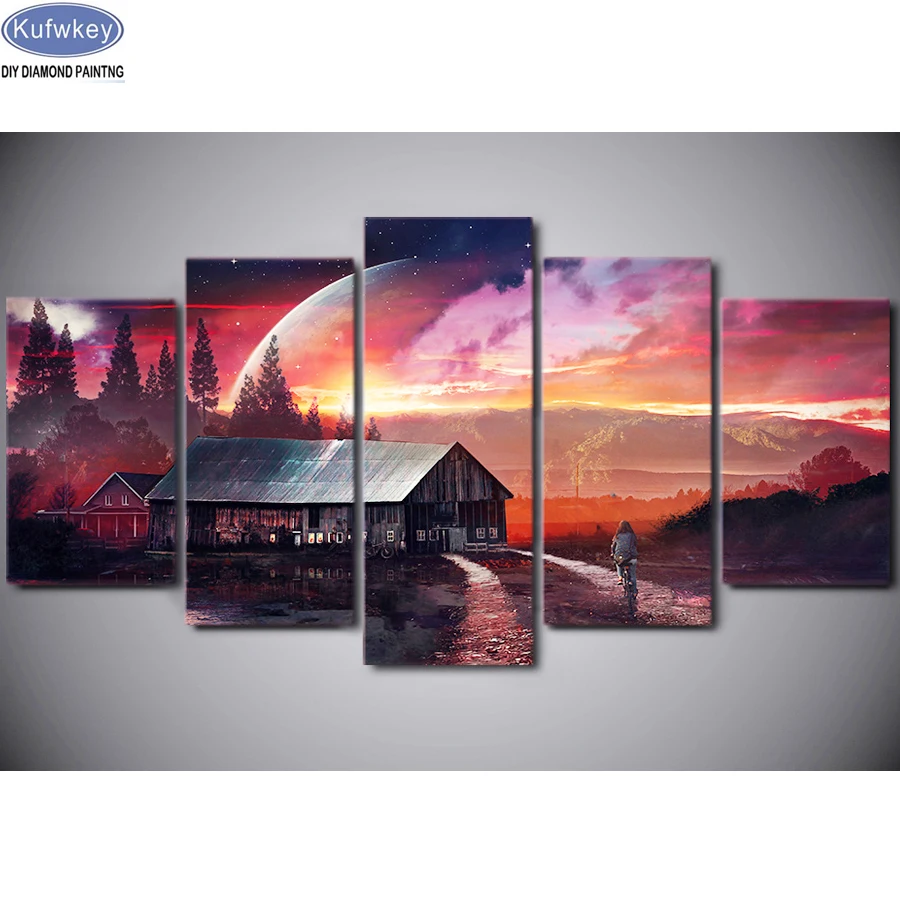 

5 pcs set 5D DIY Full Square Diamond Painting setting sun house beaded Embroidery Cross Stitch Mosaic diamond wall Decor