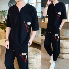 Короткий рукав китайский Для мужчин комплекты Костюмы из хлопка и льна форма M-5XL медитации Костюмы рубашка и брюки 2 шт./компл. китайское платье