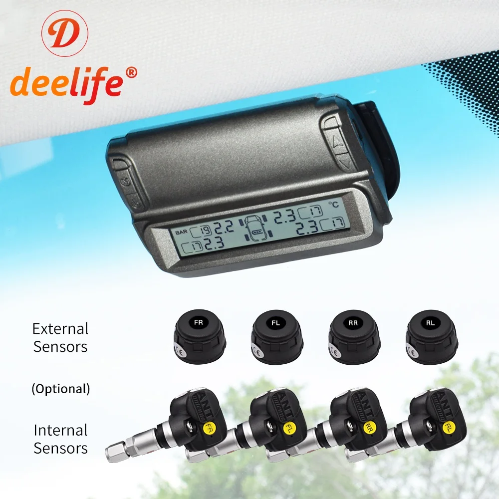 

Deelife Smart TPMS Car Tire Pressure Monitoring System Solar Power Digital LCD Display Auto Alarm Wireless Tyre Pressure Sensor