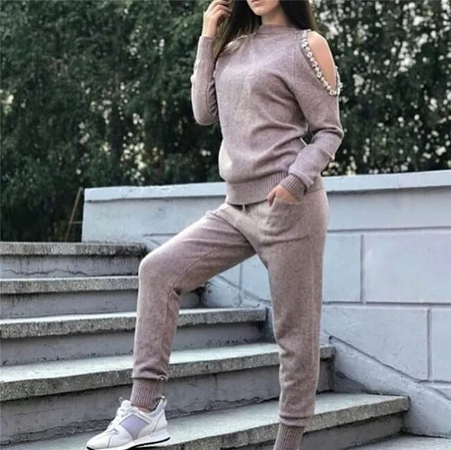 US $30.80 Taotrees Shoulder Hollow out Beading Sweater Tops Pant Suits Long Sleeve Pullovers Knitted Jumpers 