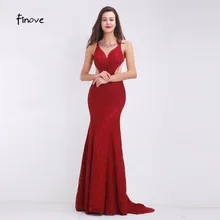 Finove Wine Red Long Elegant Memaid Evening Dresses 2017 Sexy Party Vestidos De Festa Beads Tulle Lace Black Prom Dresses
