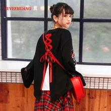 Японский Харадзюку Дизайн Kawaii женские футболки милые модные топы с рисунком кролика на шнуровке уличная одежда черная футболка