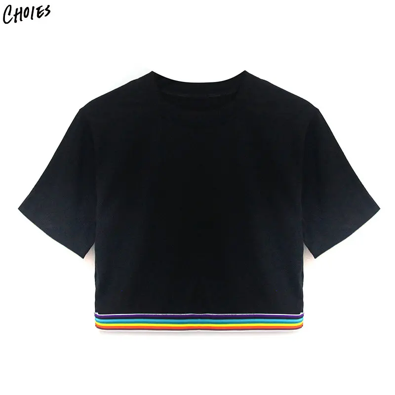 Women Black Rainbow Detail Cotton T 