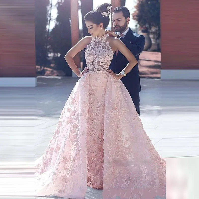 Великолепная розовая верхняя юбка, платья для выпускного вечера, с высоким воротом, без рукавов, полная аппликация, кружевное Пышное вечернее платье, Vestido de Festa, на заказ - Цвет: Розовый