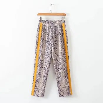

Women Side Striped Snake Skin Pattern Pants Elastic Waist Pockets Ladies Casual Streetwear Fashion Trousers Mujer